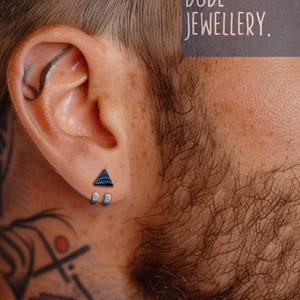 Mens Silver Huggie Earrings: Black Triangle Studs
