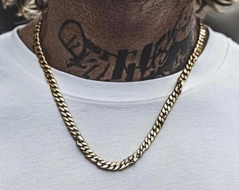 Mens Chain - Miami Cuban Chain 18k Gold Necklace for Men, 5mm, Real Gold Waterproof Mens Jewelry, 60cm Chunky Chain Gift, B008