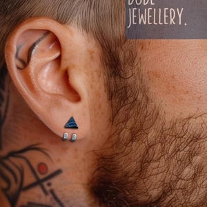 Mens Silver Huggie Earrings: Black Triangle Studs, A501