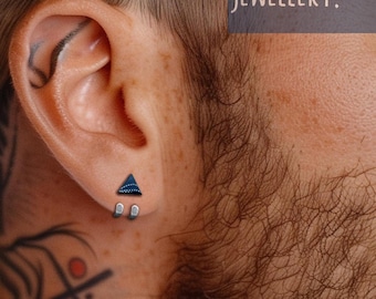Mens Silver Huggie Earrings: Black Triangle Studs, A501