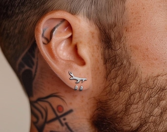 Mens Earrings - Silver Antler wraparound Earrings, Minimalist Cuff Earrings, Sterling Silver, Mens Stud Earrings, Mens Studs, A508