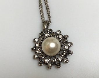 Pearl pendant Silver tone chain Vintage necklace 70s jewelry Rhinestones long necklace Birthday gift for her