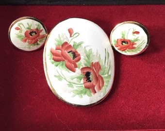 Vintage Porcelain Brooch Earrings Set: Hand-Painted Red Poppies, Goldtone Trim