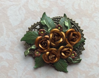 Roses bouquet brooch Vintage handcrafted jewelry Artisan Cooper metal pin 1980s Fashion jewelry Birthday gift for her