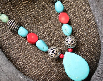 Turqouise necklace Handmade jewelry Colorful Gemstones Hippie wear Boho Statement necklace Turquoise Howlite pendant Blue and red necklace