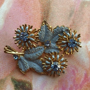 Blue flowers brooch Gold tone pin Vintage Blue crystal brooch Costume fashion jewelry Vintage blue 1960s jewelry Birthday gift for her