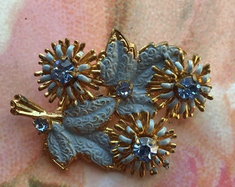 Blue flowers brooch Gold tone pin Vintage Blue crystal brooch Costume fashion jewelry Vintage blue 1960s jewelry Birthday gift for her