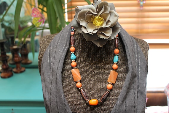 Hippie Boho Necklace Handmade Jewelry Brown Carved Beads Statement
