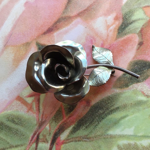 Vintage rose brooch Silver tone pin Fashion jewel… - image 1