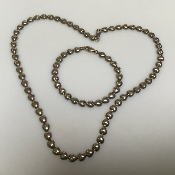 Silver necklace bracelet set Heart jewelry Vintag… - image 1