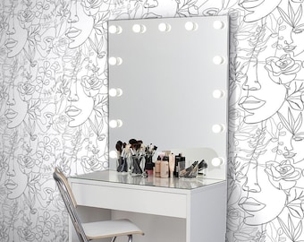 Faces Wallpaper Peel and Stick, Black and White Line Art Wall paper