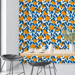 Citrus Wallpaper, Orange Wallpaper Peel and Stick, Fruit Wallpaper, Blue Leaves Wallpaper,  Removable Wall Paper