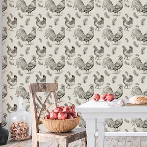 May include: A cream-colored wallpaper with a repeating pattern of black and white rooster illustrations. The roosters are drawn in a vintage style and are surrounded by small black feathers.