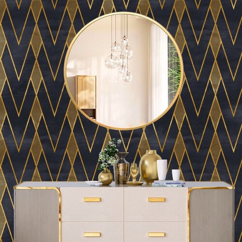 Black and Gold Geometric Wallpaper Peel and Stick Art Deco Etsy