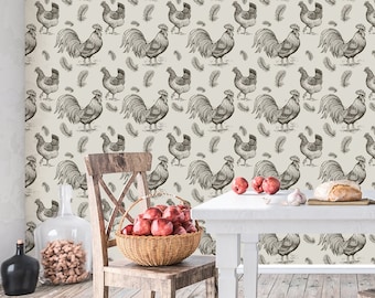 Chicken Wallpaper, Rooster Wallpaper Peel and Stick, Bird Wallpaper, Farmhouse Wallpaper, Removable Wall Paper