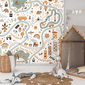 Papier peint pour chambre de garçons, papier peint route, papier peint village, papier peint plan de ville, papier peint chambre d&#39;enfant, papier peint amovible