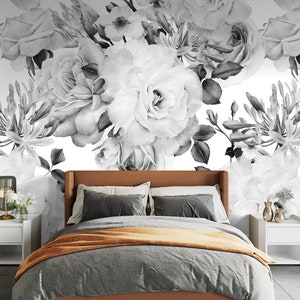 Large Rose Wallpaper Black and White Floral Wallpaper Peel and Stick Big Flower Wallpaper, Removable Wallpaper Mural