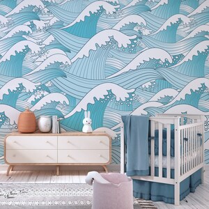 Waves Wallpaper Peel and Stick, Ocean Wallpaper, Ocean Wall Mural, Turquoise Wall Mural, Removable Wall Paper