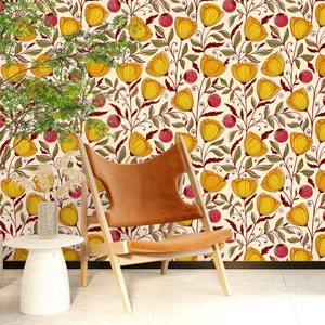 May include: A cream-coloured wallpaper with a repeating pattern of yellow flowers and red berries. The wallpaper features a stylised floral design with intricate details.