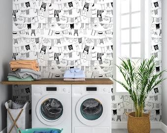 Laundry Wallpaper, Laundry Room Wallpaper, Black and White Wallpaper Peel and Stick, Removable Wall Paper