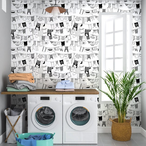 Laundry Wallpaper, Laundry Room Wallpaper, Black and White Wallpaper Peel and Stick, Removable Wall Paper