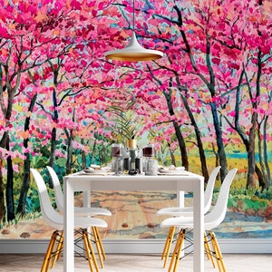 Cherry Blossom Wallpaper Peel and Stick, Pink Floral Wallpaper, Landscape Wallpaper, Watercolor Wallpaper, Removable Wall Paper