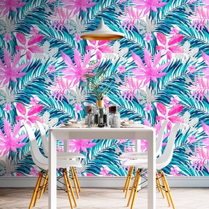 Palm Wallpaper Peel and Stick, Pink Leaf Wallpaper, Exotic Wallpaper, Tropical Wallpaper, Removable Wall Paper