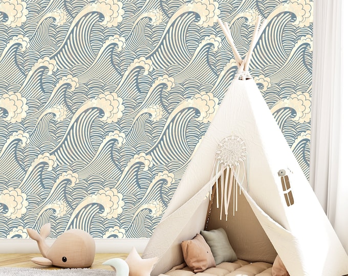 Wave Wallpaper Peel and Stick Pink Blue Ocean Waves Wall Mural - Etsy