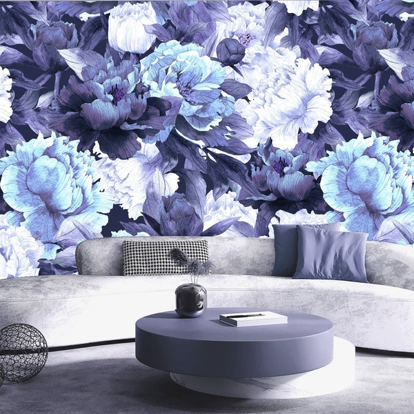 Blue Rose Wallpaper, Blue Floral Wallpaper, Big Flower Wallpaper Peel and Stick, Peony Wallpaper, Removable Wall Paper