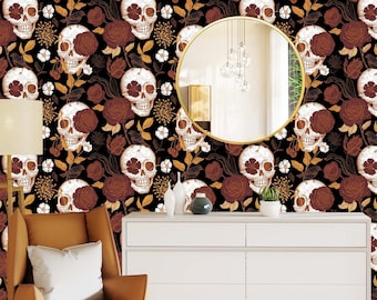 Skull Wallpaper, Dark Floral Wallpaper Peel and Stick, Gothic Wallpaper, Skeleton Wallpaper, Removable Wall Paper