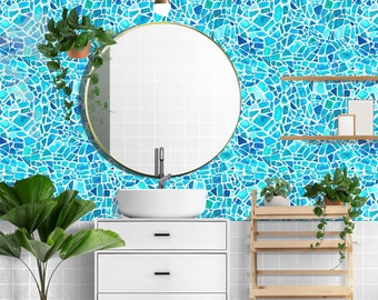 Blue Tile Wallpaper Peel and Stick, Mosaic Wallpaper for Kitchen, Turquoise Wallpaper Bathroom, Geometric Wallpaper, Removable Wall Paper