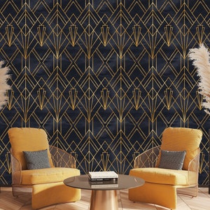 Black and Gold Geometric Wallpaper Peel and Stick, Art Deco Wallpaper, Vintage Wallpaper, Removable Wall Paper