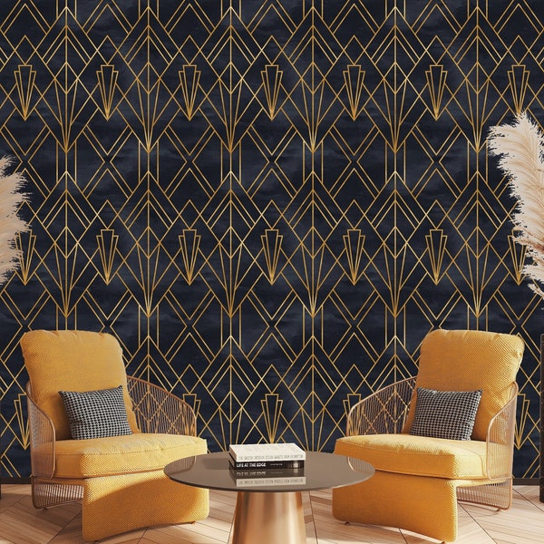 Black and Gold Geometric Wallpaper Peel and Stick, Art Deco Wallpaper, Vintage Wallpaper, Removable Wall Paper