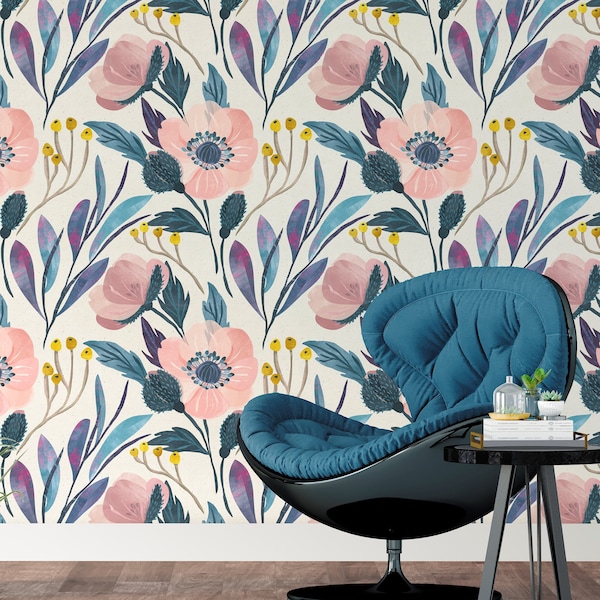 Big Flower Wallpaper, Watercolor Floral Wallpaper Peel and Stick, Pink Floral Wallpaper, Blue leaves Wallpaper, Removable Wall Paper