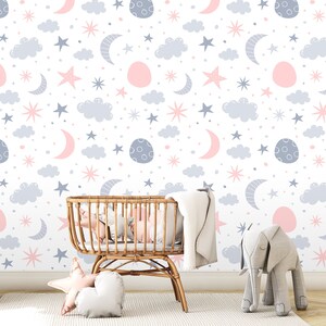 Moon Star Wallpaper Peel and Stick, Kids Room Wallpaper, Nursery Wallpaper, Removable Wall Paper