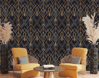 Black and Gold Geometric Wallpaper Peel and Stick, Art Deco Wallpaper, Vintage Wallpaper, Removable Wall Paper