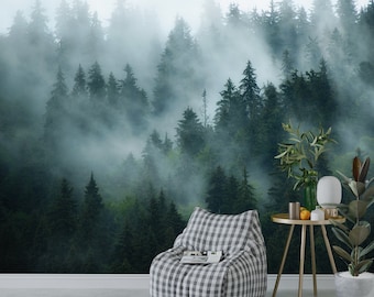 Foggy Forest Wallpaper Peel and Stick, Mountain Wallpaper, Pine Tree Wallpaper, Landscape Wallpaper, Removable Wall Paper