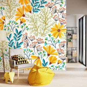 Yellow Floral Wallpaper, Wildflower Wallpaper, Spring Wallpaper Peel and Stick Nursery Wallpaper,  Removable Wall Paper
