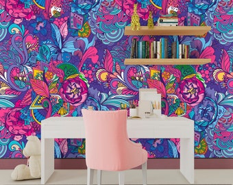 Colorful Wallpaper Peel and Stick, Hot Pink Wallpaper, Purple Wallpaper, Abstract Wallpaper, Floral Wallpaper, Removable Wall Paper