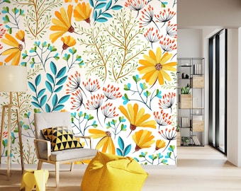 Yellow Floral Wallpaper, Wildflower Wallpaper, Spring Wallpaper Peel and Stick Nursery Wallpaper,  Removable Wall Paper