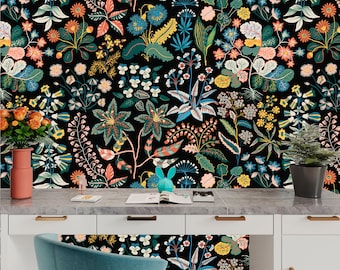 Dark Floral Wallpaper Peel and Stick, Herbs Wallpaper, Botanical Wallpaper, Removable Wall Paper