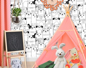 Dog Wallpaper Peel and Stick Wallpaper Black and White Kids Wallpaper, Puppy Wallpaper, Removable Wall Paper