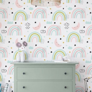 Moon Star Wallpaper Peel and Stick, Rainbow Wallpaper, Boys Room Wallpaper, Girls Room Wallpaper, Removable Wall Paper