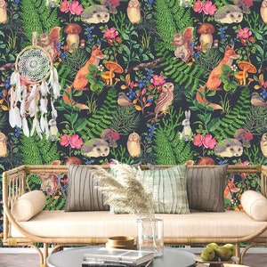 Woodland Wallpaper Animals Wallpaper Black Removable Wallpaper Peel and Stick Wallpaper Mural