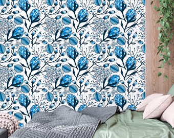 Blue Floral Wallpaper Peel and Stick, Berries Botanical Canvas Removable Wall Paper