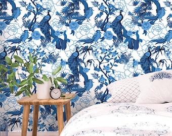 Peacock Wallpaper Peel and Stick, Blue Chinoiserie Canvas Removable Wall Paper
