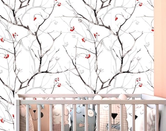 Branch Wallpaper Peel and Stick, Winter Red Berries Canvas Removable Wall Paper