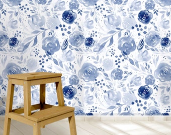 Blue Floral Wallpaper Peel and Stick Nursery Wallpaper, Watercolor Floral Wallpaper, Removable Wall Paper