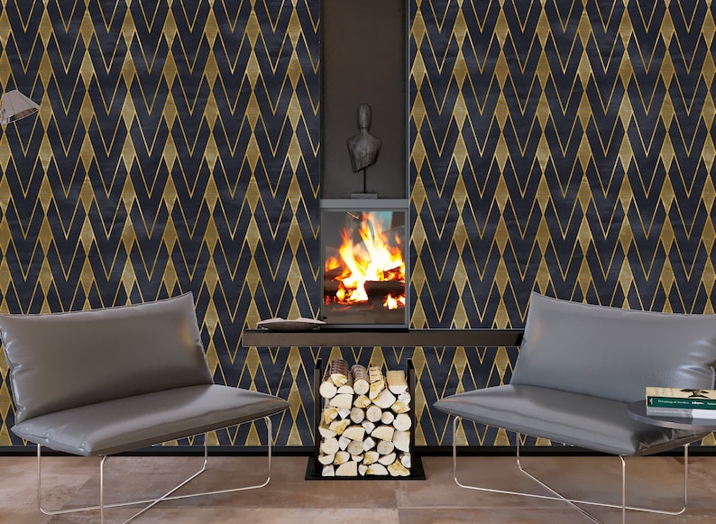 Black and Gold Wallpaper Peel and Stick Geometric Wallpaper Etsy