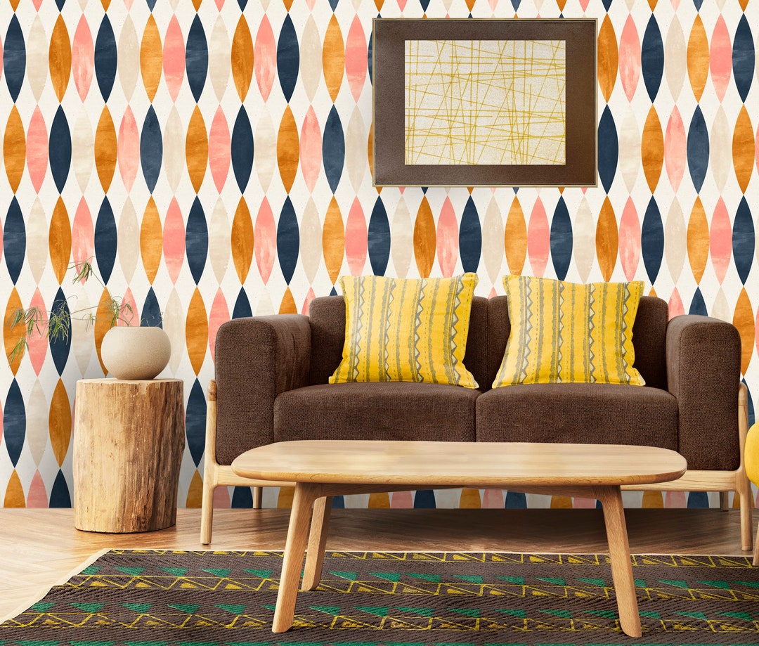 Midcentury Wallpaper Peel and Stick Beige Geometric Etsy